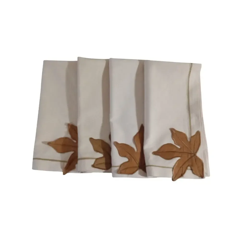 Williams Sonoma Leaf Applique Dinner Napkins Cotton Cream Autumn Fall
